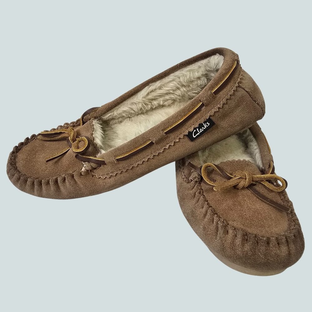 Clarks Suede Moccasin Slippers Faux Fur Lined Brown 7M